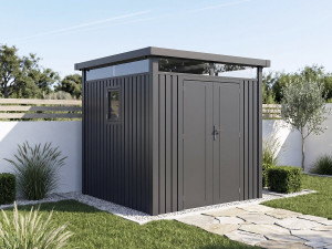 Abri de jardin métal premium avec toit plat et porte battante "Lexinton" - 5,29 m² - Gris 2