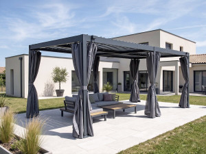 Pergola bioclimatique en aluminium avec rideau et moustiquaire "Kensington" - 3 x 5 m - Gris 2