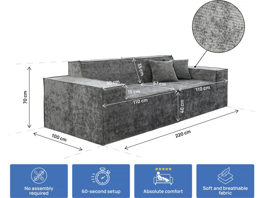 Canapé droit modulable en tissu texturé "Lusso" - 3 places - Gris