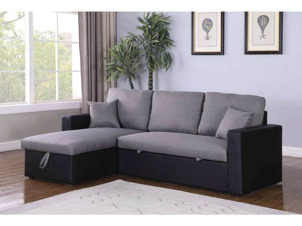 Canapé d'angle convertible/ réversible avec coffre "Alain" - 3 places - Gris / Noir