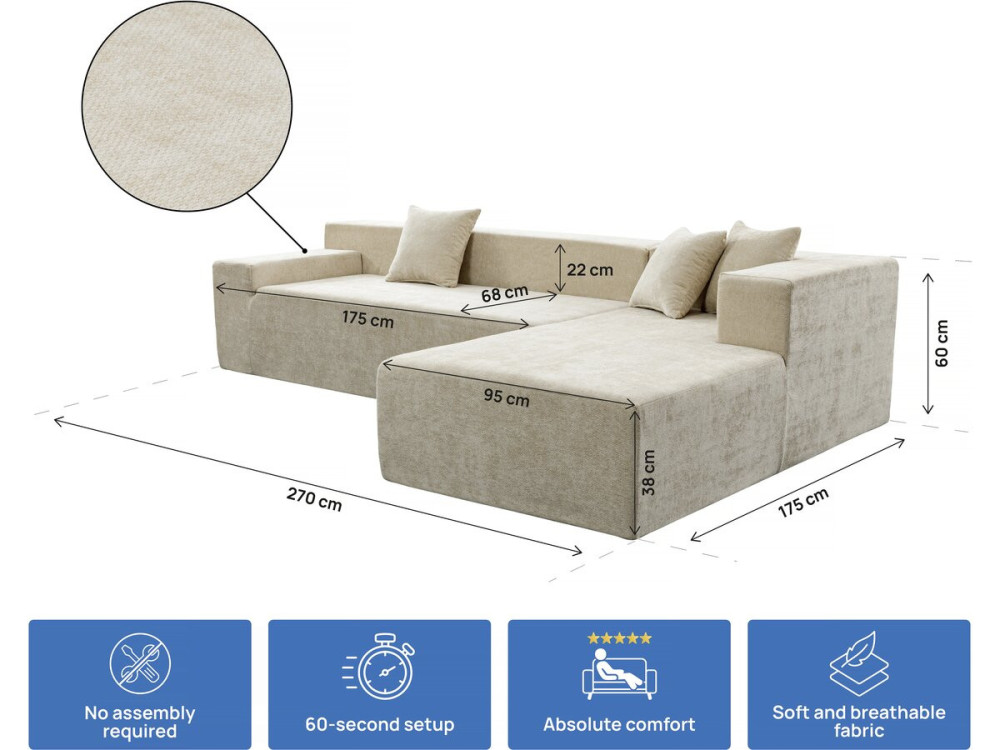 Canapé d'angle en tissu texturé "Tessaro" - 4 places - Beige