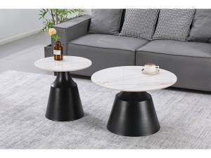 Lot de 2 tables basses gigognes en céramique "Vulca" - 70 x 70 x 43 cm - Blanc 2