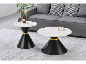 Lot de 2 tables basses gigognes en céramique "Lune" - 70 x 70 x 42 cm - Gris/Blanc 2