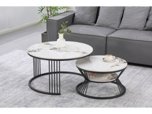 Lot de 2 tables basses gigognes en céramique "Ombre" - 80 x 80 x 45 cm - Blanc 2