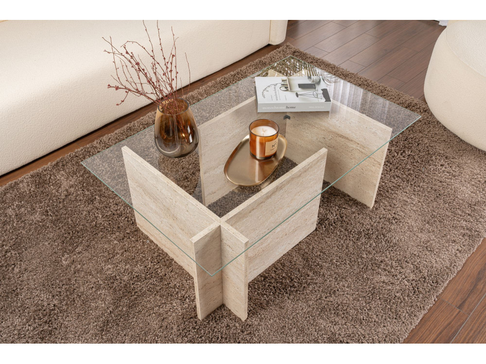 Table basse en bois "Vetrino" - 105 x 65 x 40 cm - Travertin