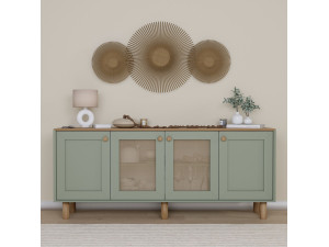 Buffet en bois et cannage "Bohemian" - 180 x 40 x 75 cm - Vert 2