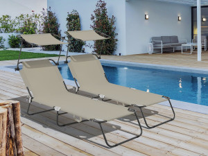 Lot de 2 bains de soleil pliable "Lazy" - Avec pare soleil - Taupe 2