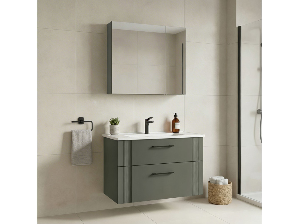 Ensemble Meuble Vasque avec Miroir (2 Pièces) "Bari 85 v2" - 85 x 45 x 55 cm - Matte Green