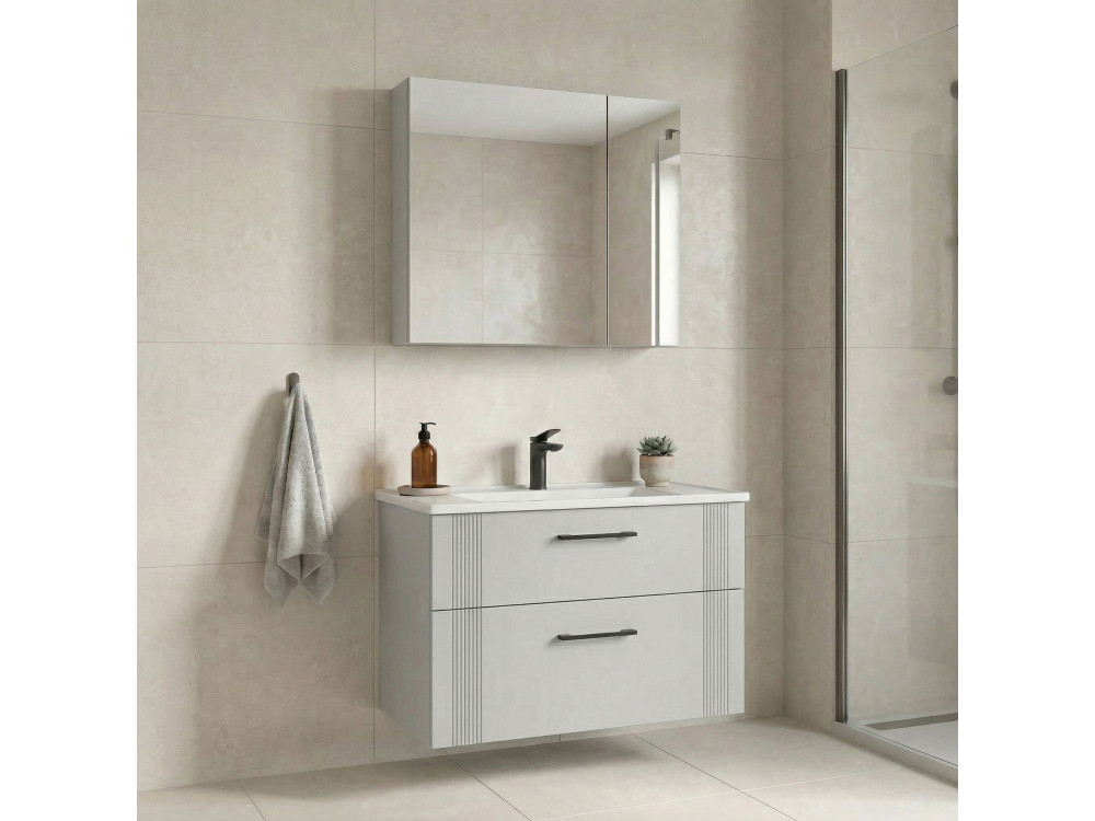 Ensemble Meuble Vasque avec Miroir (2 Pièces) "Bari 85 v2" - 85 x 45 x 55 cm - Matte White
