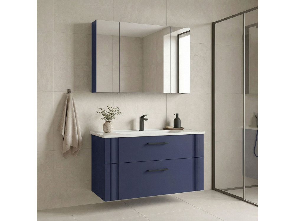 Ensemble Meuble Vasque avec Miroir (2 Pièces) "Bari 100 v2" - 100 x 45 x 55 cm - Matte Navy Blue