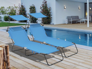 Lot de 2 bains de soleil pliable "Lazy" - Avec pare soleil - Bleu 2