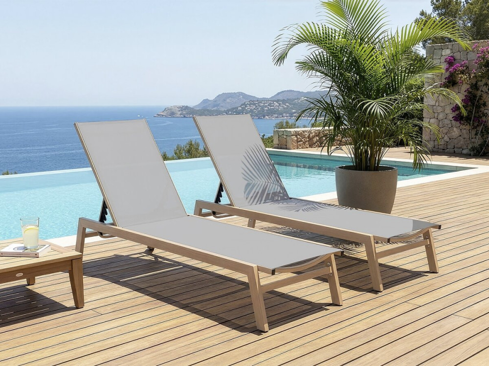 Lot de 2 bains de soleil en aluminium imitation bois "Elysia" - Gris clair