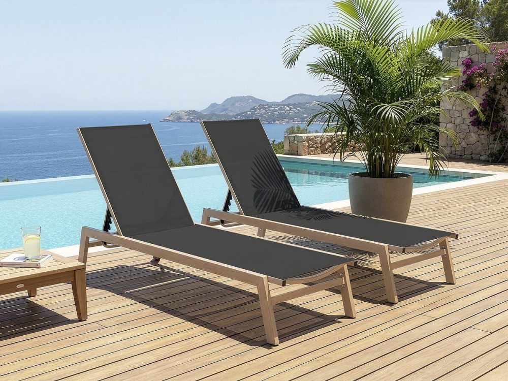 Lot de 2 bains de soleil en aluminium imitation bois "Elysia" - Noir