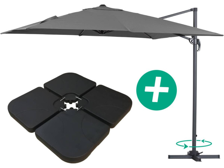 Parasol jardin déporté Alu "Sun 3" - Carré - 3 x 3 m - Gris - Dalles incluses