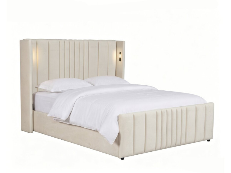 Lit double avec coffre en tissu et lampes intégrés "Verbier" - 160 x 200 cm - Beige