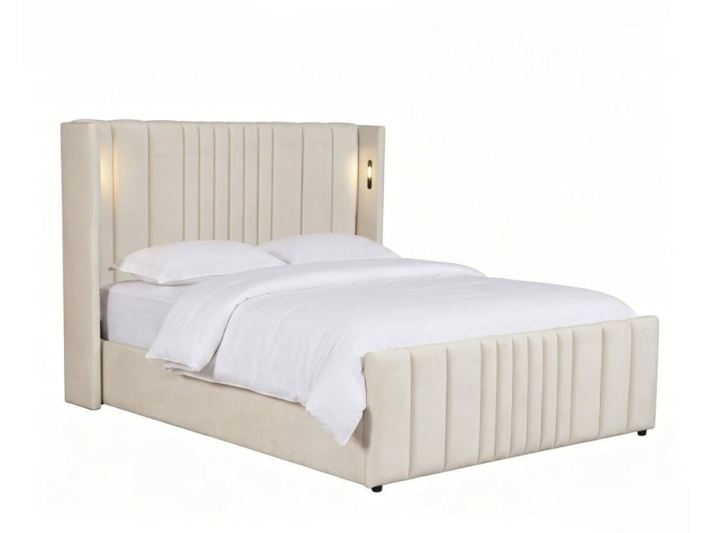 Lit double avec coffre en tissu et lampes intégrés "Verbier" - 160 x 200 cm - Beige