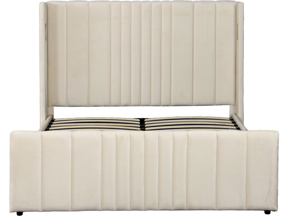 Lit double avec coffre en tissu et lampes intégrés "Verbier" - 160 x 200 cm - Beige