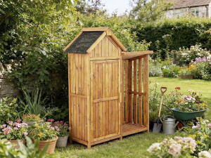Armoire de jardin en bois avec range-bûches "Noé" - 136 x 57 x 170 cm - Marron 2