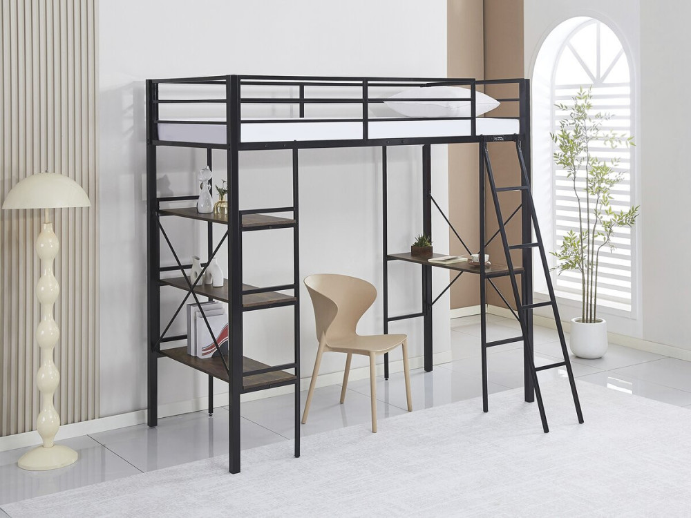 Lit mezzanine avec bureau en métal "Raphaël" - 190 x 90 cm - Noir