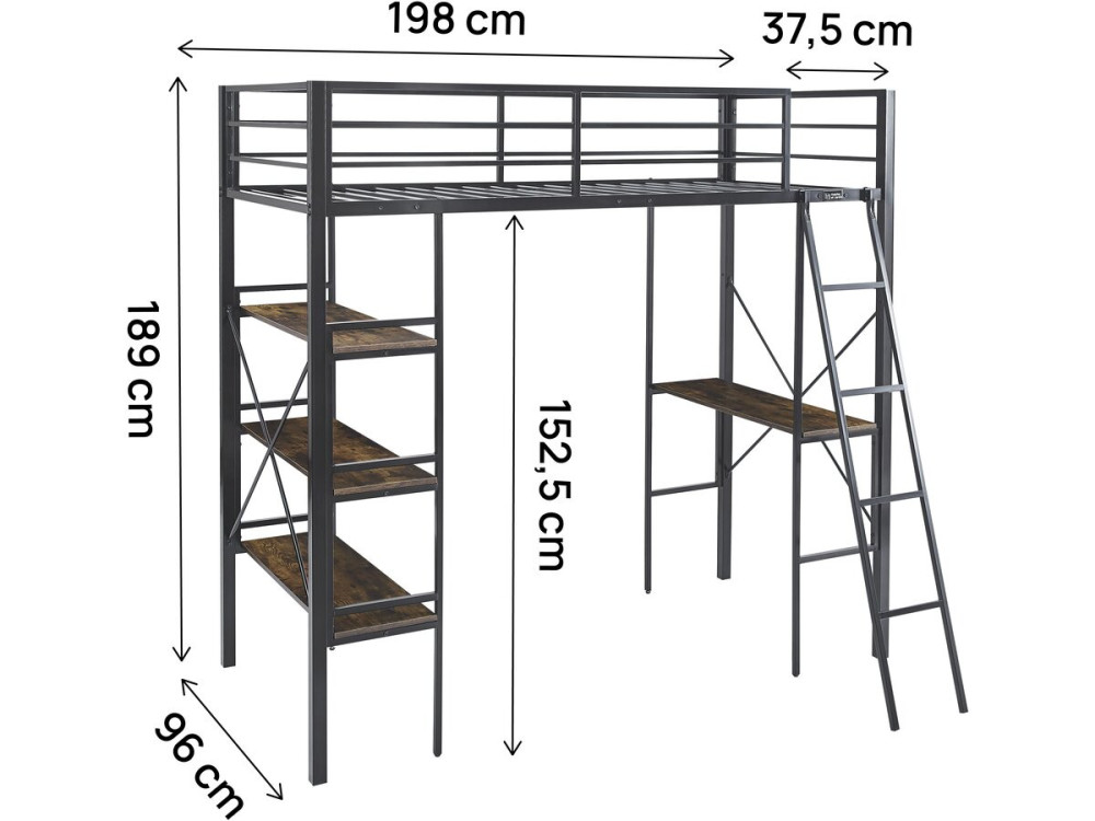 Lit mezzanine avec bureau en métal "Raphaël" - 190 x 90 cm - Noir
