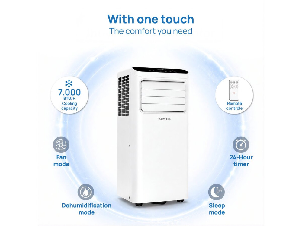 Climatiseur mobile 7000 BTU avec tuyau d'évacuation - 20 m2 - STOCK LIMITE