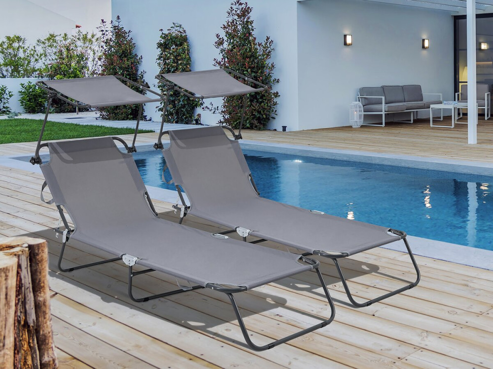 Lot de 2 bains de soleil pliable "Lazy" - Avec pare soleil - Gris