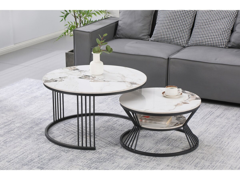Lot de 2 tables basses gigognes en céramique "Ombre" - 80 x 80 x 45 cm - Blanc