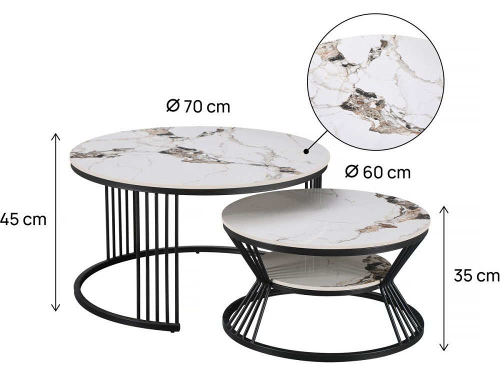 Lot de 2 tables basses gigognes en céramique "Ombre" - 80 x 80 x 45 cm - Blanc