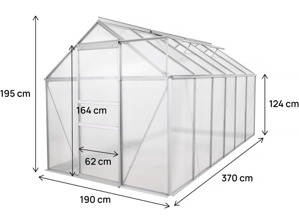 Serre jardin polycarbonate 370 x 190 x 195 cm "Basilic" - 7,03 m² - Gris