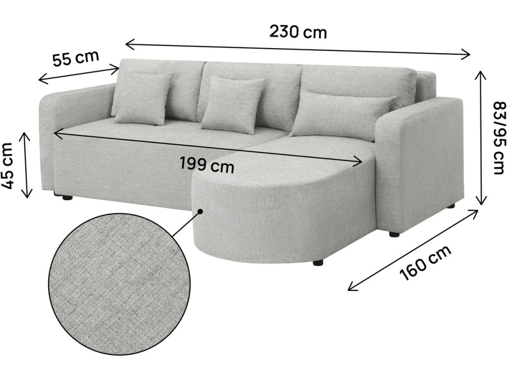 Canapé d'angle convertible et reversible en tissu "Charles" - 3 places - Gris
