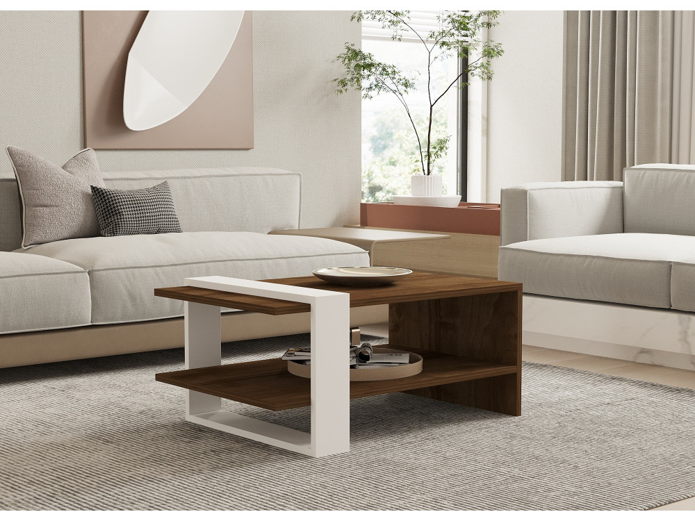 Table basse en bois "Gaye" - 80 x 50 x 35 cm - Noyer, Blanc