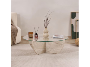 Table basse en verre "Liya" 90 x 90 x 30 cm - Travertin 2