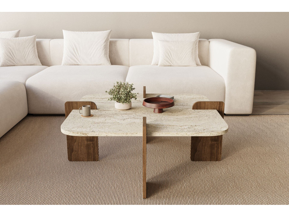 Table basse en bois "Poalla" - 90 x 90 x 35 cm - Travertin