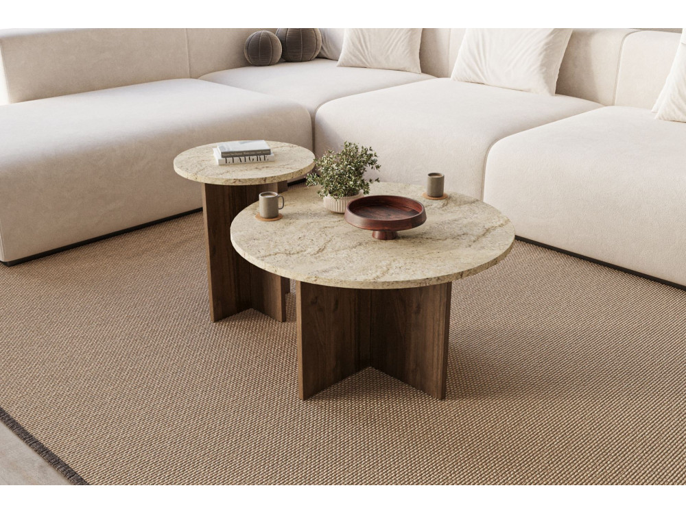 Ensemble de table basse en bois "Private" 70 x 70 x 40 cm - Travertin