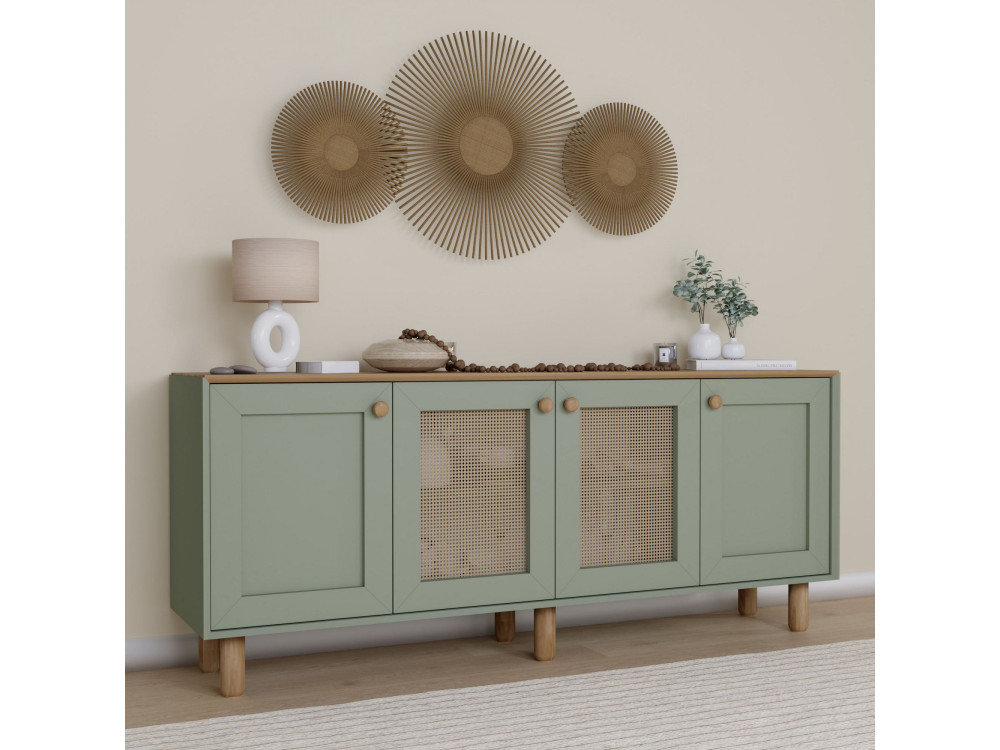 Buffet en bois et cannage "Bohemian" - 180 x 40 x 75 cm - Vert