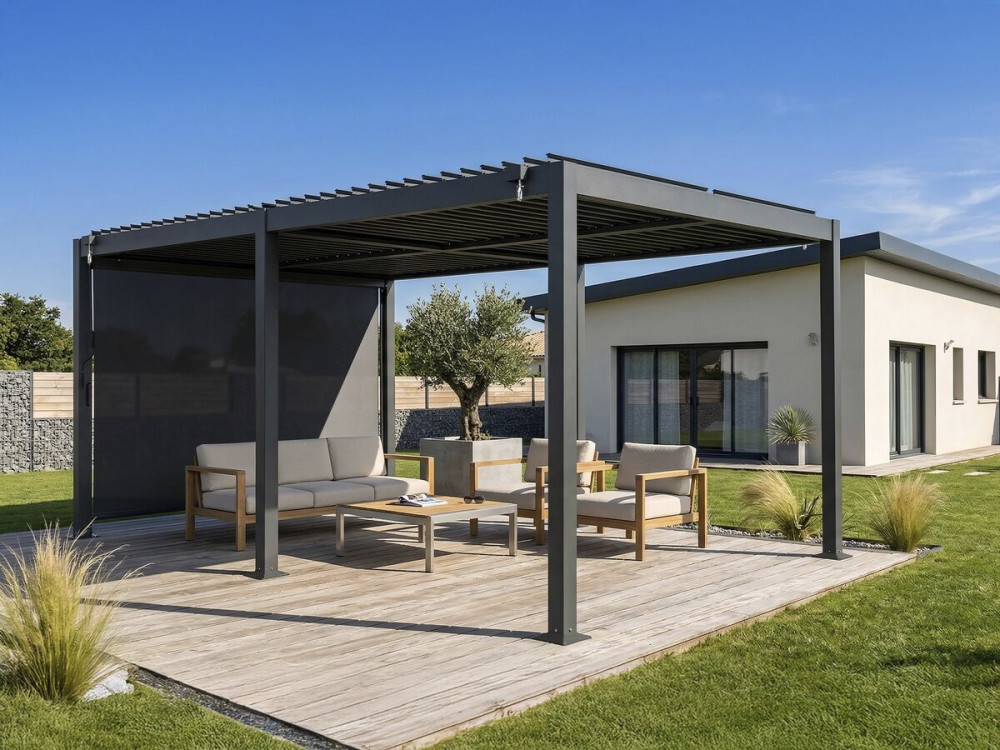 Pergola bioclimatique avec store en aluminium "Kensington" - 3 x 5 m - Gris