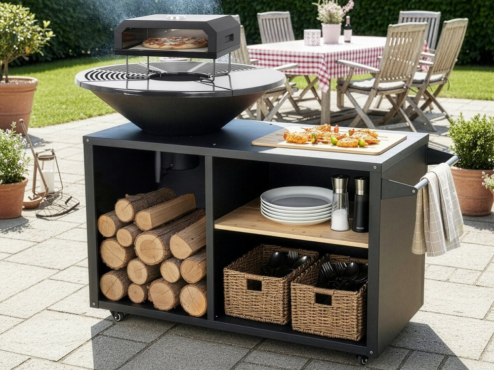 Barbecue plancha brasero avec four à pizza "Maréchal" - Ø 81 cm  - Noir