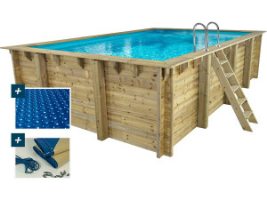 Piscine bois rectangle " Panama 130 "- 6.20 x 4.10 x 1.30 m + Bâche à bulles 180 µ - Bâche hiver 280 g/m² +