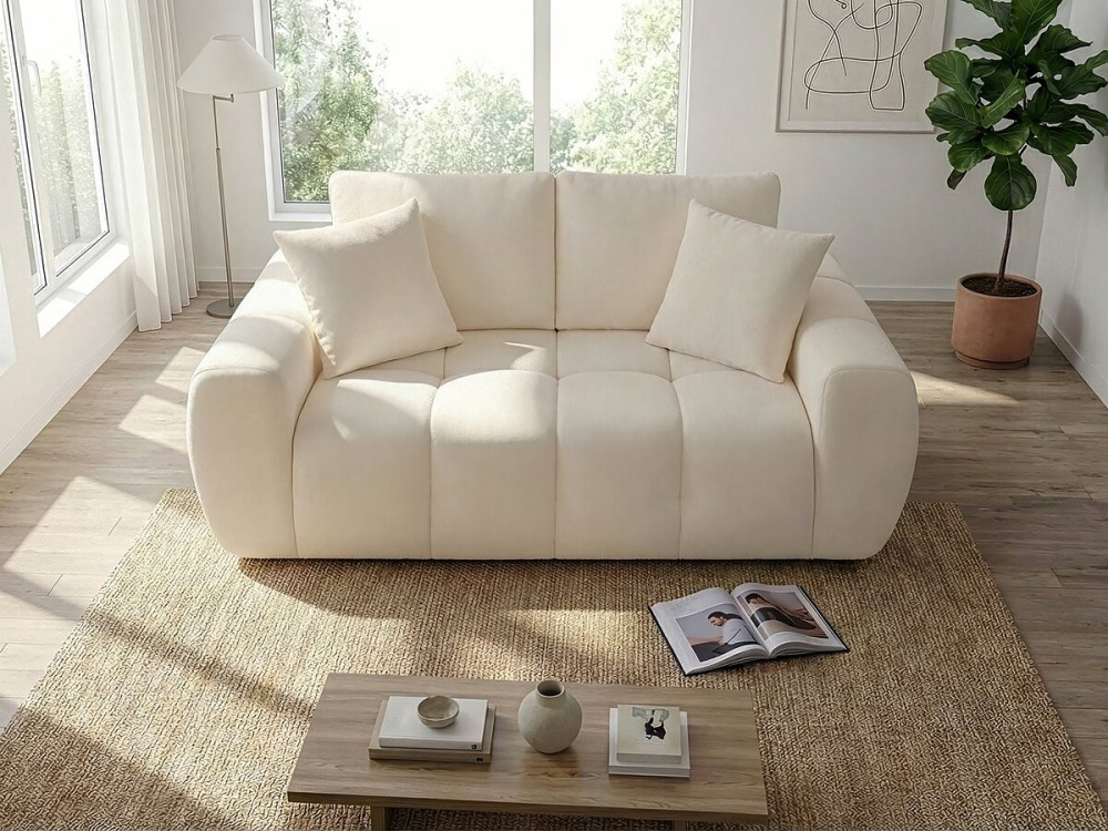 Canapé droit en tissu style bubble "Léonie" - 2 places - Beige