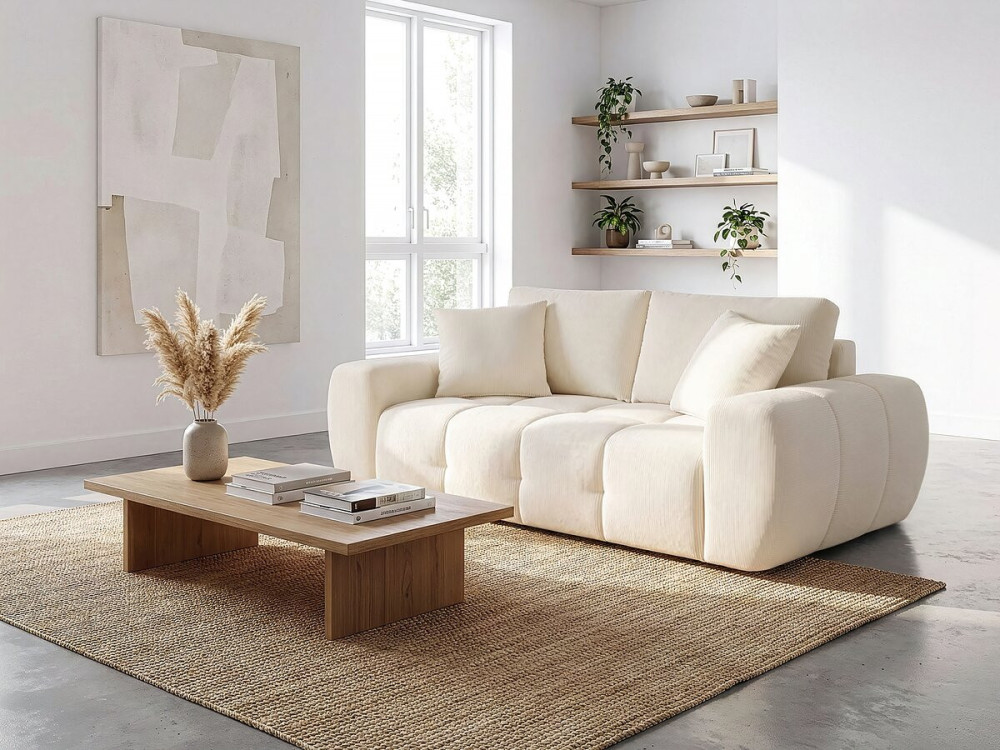 Canapé droit en tissu style bubble "Léonie" - 2 places - Beige