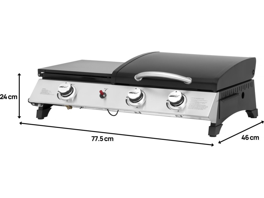 Plancha gaz avec couvercle "Rasio" - 7.5 KW - 3 brûleurs - Noir