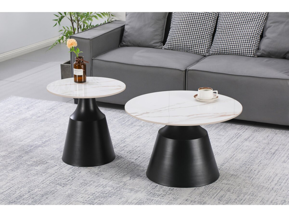 Lot de 2 tables basses gigognes en céramique "Vulca" - 70 x 70 x 43 cm - Blanc