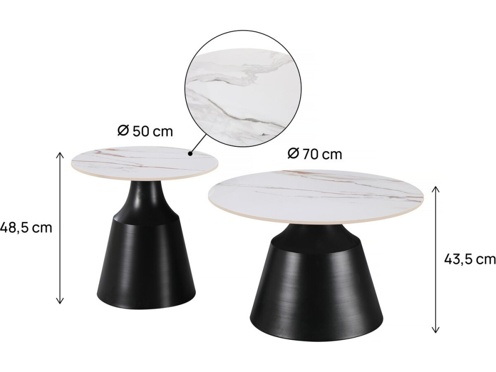 Lot de 2 tables basses gigognes en céramique "Vulca" - 70 x 70 x 43 cm - Blanc