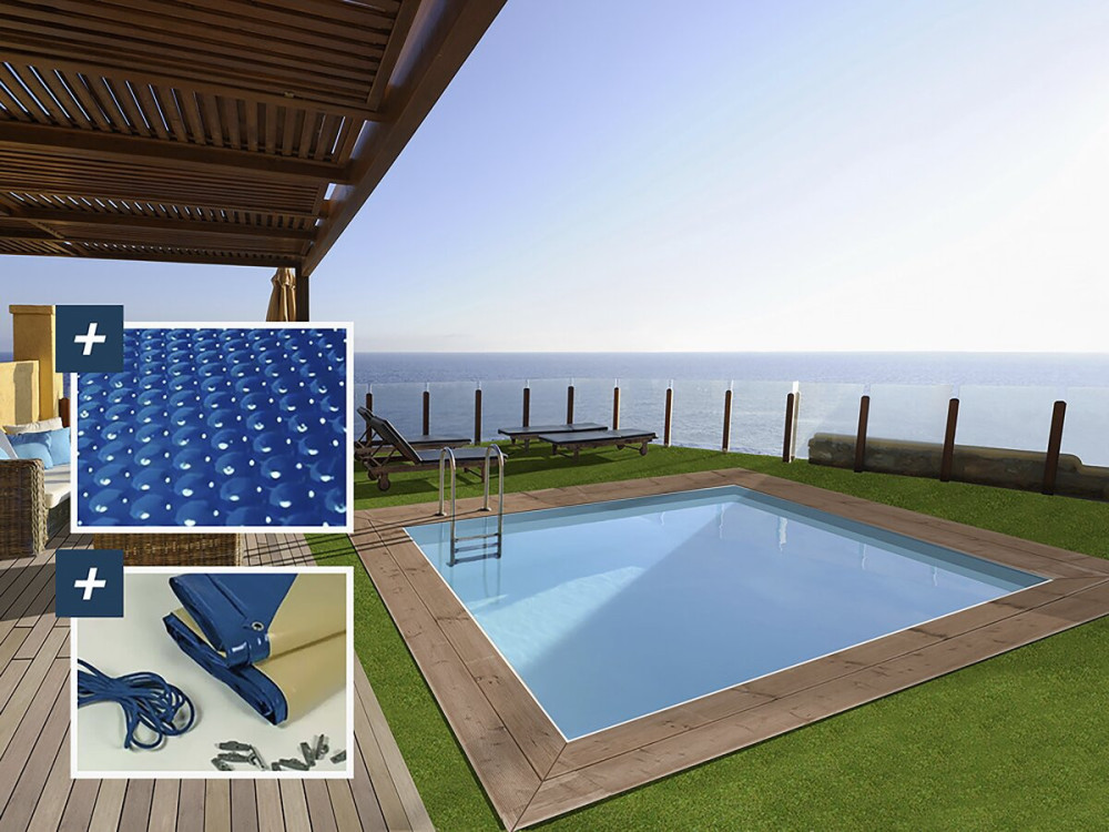 Piscine bois rectangle " Maldives  " - 3.20 x 3.20 x 1.24  m + Bâche à bulles 180 µ - Bâche hiver 280 g/m²