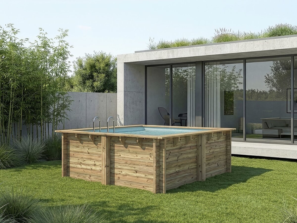 Piscine bois rectangle " Maldives  " - 3.20 x 3.20 x 1.24  m + Bâche à bulles 180 µ - Bâche hiver 280 g/m²