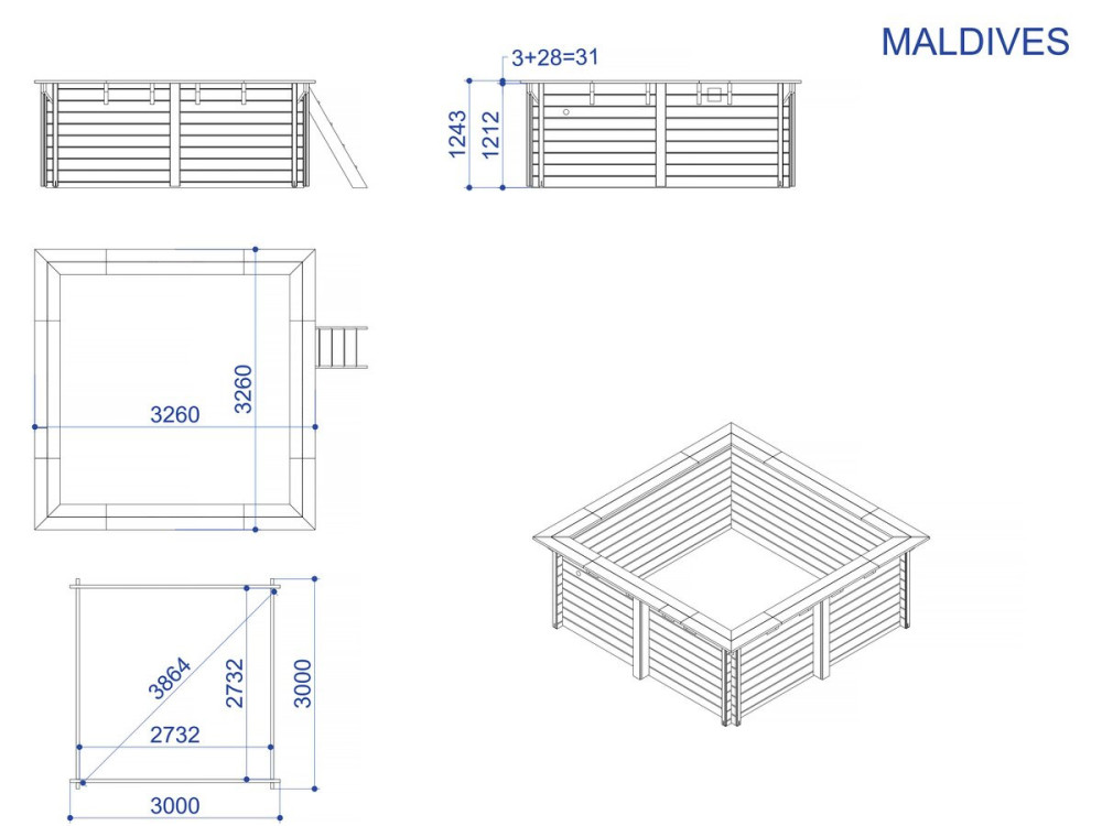 Piscine bois rectangle " Maldives  " - 3.20 x 3.20 x 1.24  m + Bâche à bulles 180 µ - Bâche hiver 280 g/m²