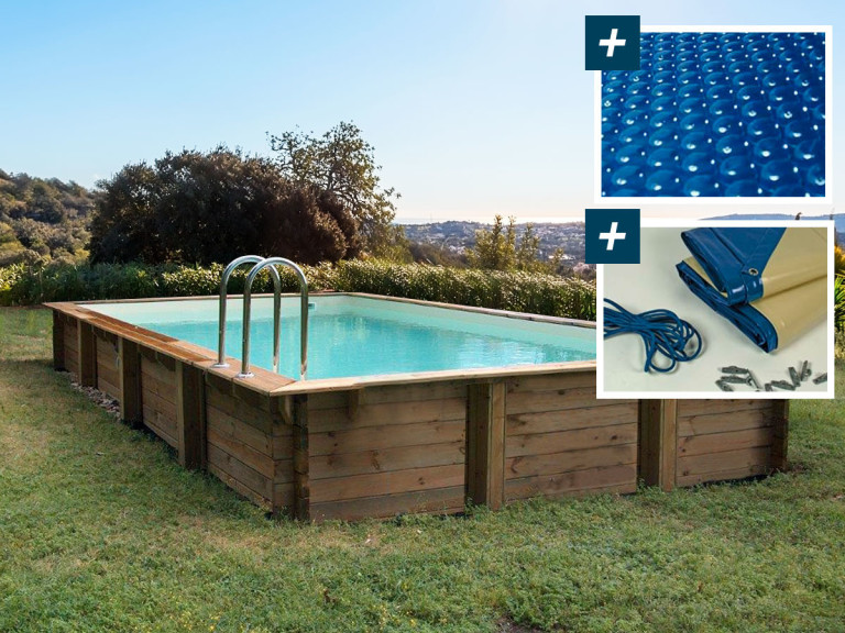 Piscine bois en kit rectangle " Murano " - 12.20 x 6.20 x 1.44 m - Bâche à bulles  400 µ - Bâche hiver  280 g/m²