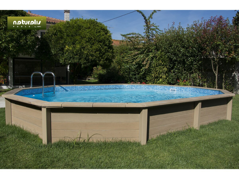 Piscine béton aspect bois en kit décagonale allongée " Naturalis 2 " - 6.36 x 4.74 x 1.28 m