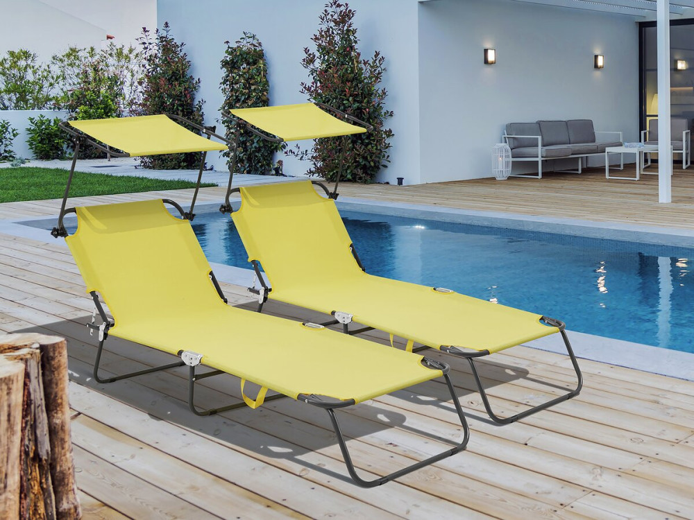 Lt de 2 bains de soleil pliable "Lazy" - Avec pare soleil - Jaune