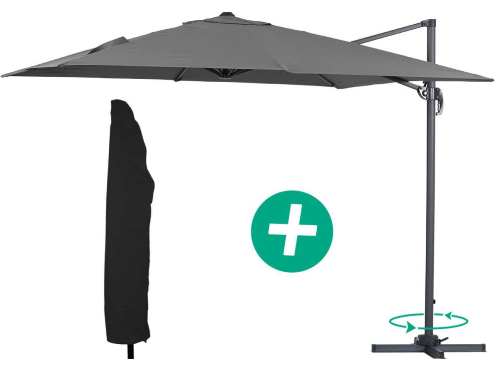 Parasol jardin déporté Alu "Sun 3" - Carré - 3 x 3 m - Gris + housse de protection